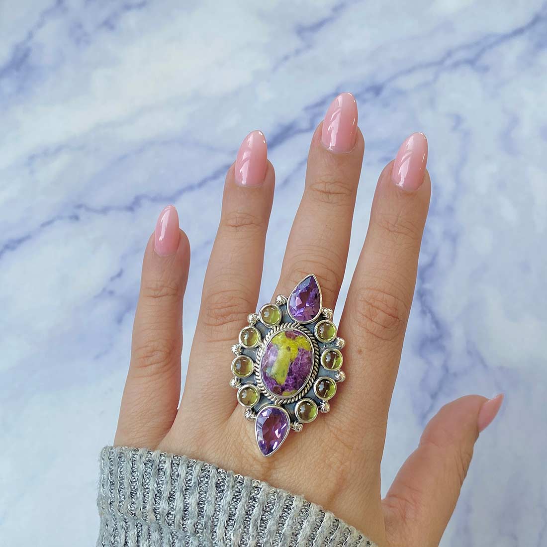 Stichtite, Peridot And Amethyst Flower Adjustable Ring-(SCT-FLR-5.)